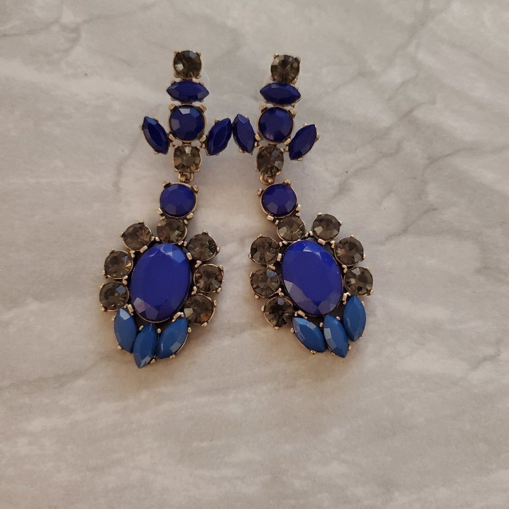 💖 J.Crew Blue Grey Rhinestones Crystals Cluster Statement Drop Dangle Earrings - Picture 1 of 15